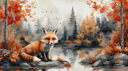 Fototapeta premium Cute animal wallpaper with watercolor foxes and raccoons frolicking in a woodland setting