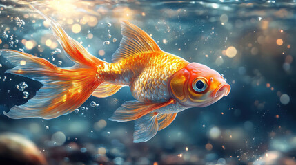 Fish wallpaper with shimmering goldfish swimming in clear water with reflective light patterns