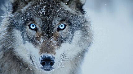Obraz premium Intense Close-up Portrait of a Majestic Wolf in Snowy Landscape