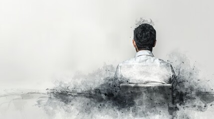 Obraz premium Abstract conceptual artwork of businessman fading into textured monochrome background. Surreal visualization representing burnout stress and emotional exhaustion in professional life.