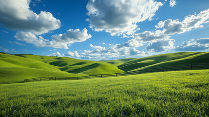 Obraz premium A vast landscape of rolling green hills under a bright blue sky with fluffy white clouds