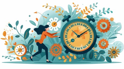 Creative illustration of a woman pushing a giant clock, symbolizing time management, productivity, and work-life balance. Surrounding elements include gears, plants, and abstract patterns...