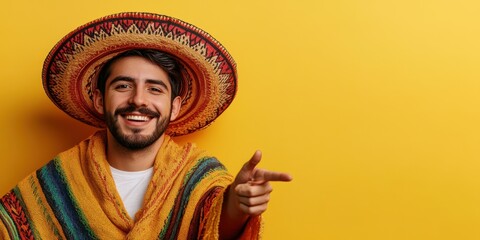 Smiling man in colorful poncho and sombrero poses against a bright yellow backdrop while pointing playfully