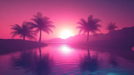 Pink Sunset Over Tropical Islands With Palm Trees