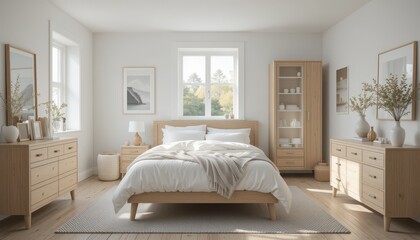 Cozy and Bright Modern Bedroom with Natural Wood Furniture