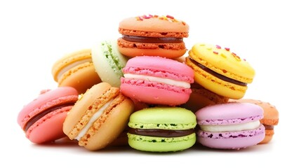 Pile of Colorful Macarons Isolated on White Background Pastel Shades and Creamy Filling