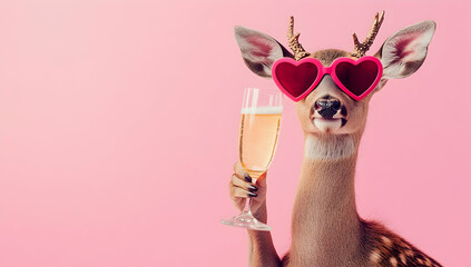 Photo of a deer with heart-shaped sunglasses holding up an elegant champagne glass.