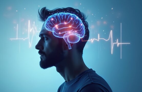 Bearded man profile with abstract brain waves headache. Neural activity, futuristic tech. Neurology, diagnosis, analysis. Concept of mental health, brain research, medical healthcare, innovative