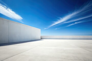 Obraz premium Minimalist White Wall Blue Sky Concrete Floor AI Photo