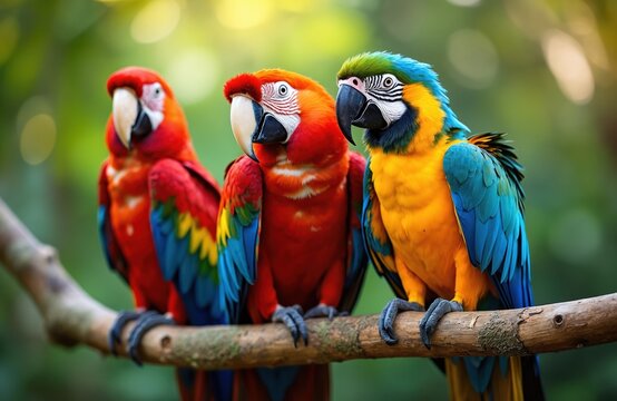 Three colorful red, yellow, blue macaws sit on branch against blurred rich jungle. Tropical parrots in Parque das Aves, Brazil. South America wildlife, fauna natural habitat.