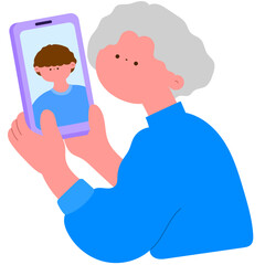 Obraz premium senior woman making a video call on smartphone, digital communication flat vector illustration