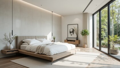 Modern Minimalist Bedroom Interior with Nature View and Natural Light