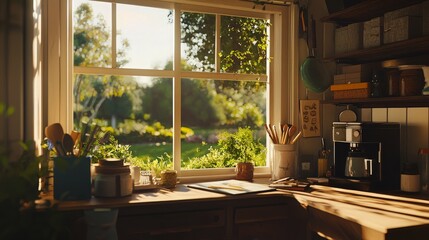Fototapeta premium Sunny kitchen window view of garden, laptop on counter, ideal for work from home or a peaceful scene