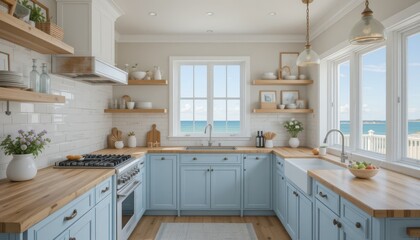Bright and Airy Coastal Kitchen with Light Blue Cabinets and Views