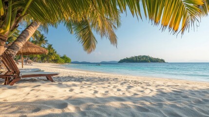 Fototapeta premium Tropical beach with palm trees and clear blue water on a sunny day