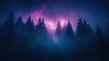 Fototapeta premium Lightning bolts striking a forest, illuminating the night sky with a vivid purple hue