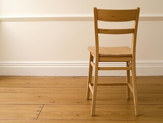 A simple wooden chair positioned in a serene indoor space.