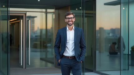 businessman standing in front of building