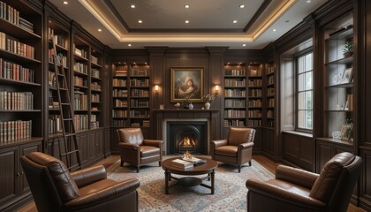 Elegant Brown Library Interior with Cozy Seating and Warm Lighting