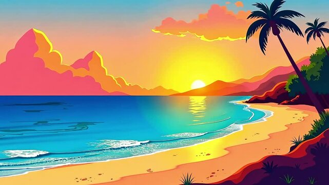Sunset over the sea on the tropical beach, trendy summer background or wallpaper, cartoon vector style