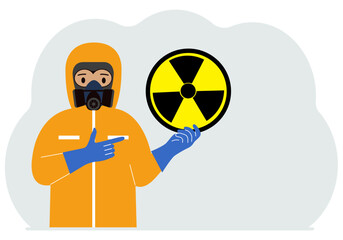 A man in a yellow radiation protective suit and a helmet with a respirator, chemical or biological safety uniform. Vector flat illustration.