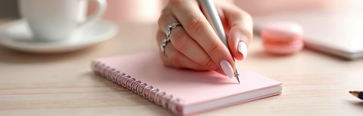 Close-up of manicured hand writing in pink notepad on office table. Woman wears rings, white nail polish. Macaroon and coffee cup on background. Sweet dessert and planning concept.