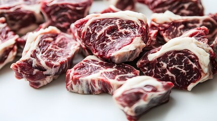Pile of Fresh Raw Diced Beef Cubes Displaying Rich Marbling on a White Background