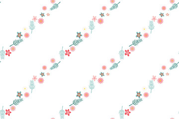 A vibrant floral pattern featuring various flowers and green leaves arranged diagonally across a white background, perfect for fabric designs and home accents.