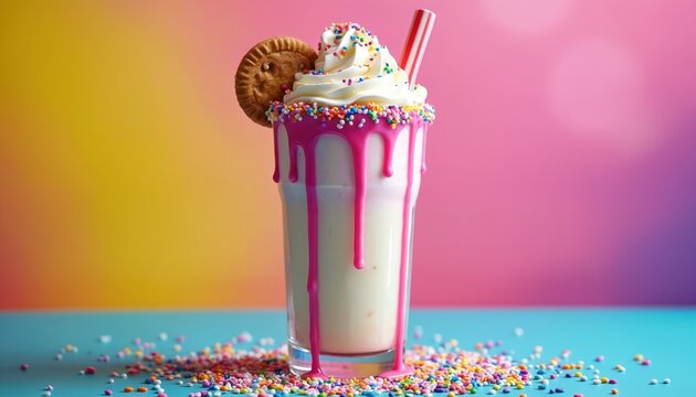 Extreme milkshake freak shake on colorful gradient background. Sweet beverage, indulgence treat. Decadent creamy dessert, rich flavor. Whipped cream, colorful sprinkles, chocolate, cookie, syrup,