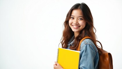 Smiling young asian college student holds yellow notebook. Girl with backpack, wears casual denim jacket on white background. Cheerful student looks at the camera. Education and youth concept.