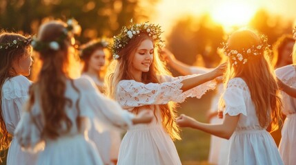 Young women in white dresses and flower crowns dance at sunset.