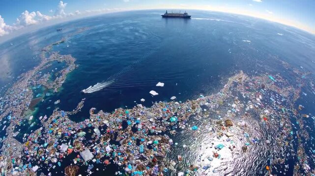 A vessel sails through the Great Pacific Garbage Patch, surrounded by plastic bottles, bags, and marine pollution