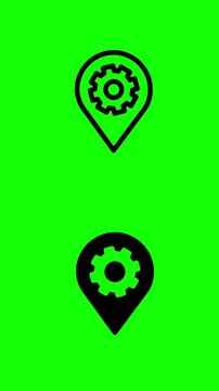Animaci&oacute;n de icono de ubicaci&oacute;n con engranaje cambiando de color sobre fondo verde