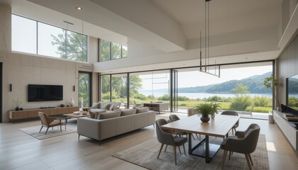 Fototapeta premium Modern Bright Living Room with Scenic View of Nature and Mountains