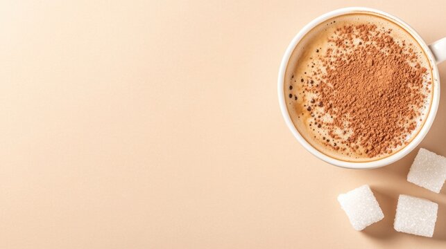 Warm cup of creamy coffee topped with cocoa, accompanied by suga