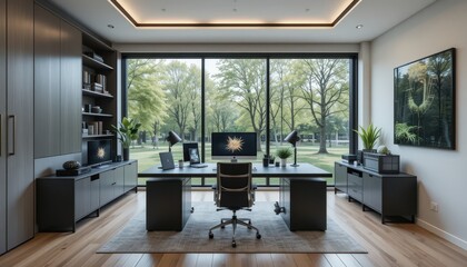 Fototapeta premium Modern Minimalist Office Interior with Large Windows and Green View