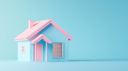 A minimalist 3D pastel house with a pink roof and blue walls, set against a light blue gradient with warm daylight. 