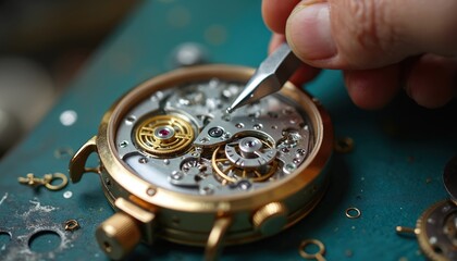 Closeup watchmaker repairs sophisticated mechanical timepiece, precision handwork, intricate details. Engineering gears, manual skill. Horology, luxury maintenance. Craftsmanship focus on micro