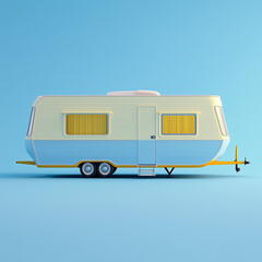 A pastel blue and yellow mobile home with wheels, glowing in the morning sun against a light blue background.