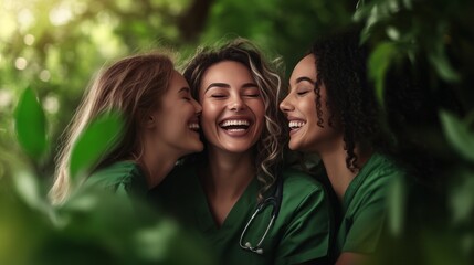 Naklejka premium Three happy women embrace in a lush green setting. Pure joy!