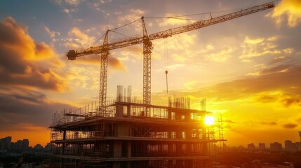 New construction site with crane and mechanical equipments on sunset daylight background. construction industry.