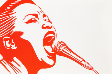 A striking red and white digital illustration of a singer passionately performing into a microphone, with bold lines and high contrast emphasizing the intensity of the moment.