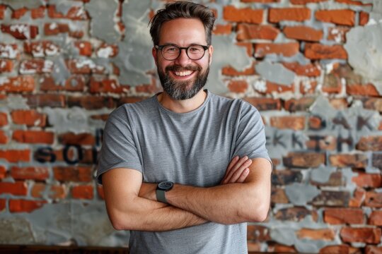 Mature man with beard and glasses crossing arms in front of rustic brick wall, wearing gray t-shirt. Confident pose with friendly and relaxed smile expressing warmth and approachability.