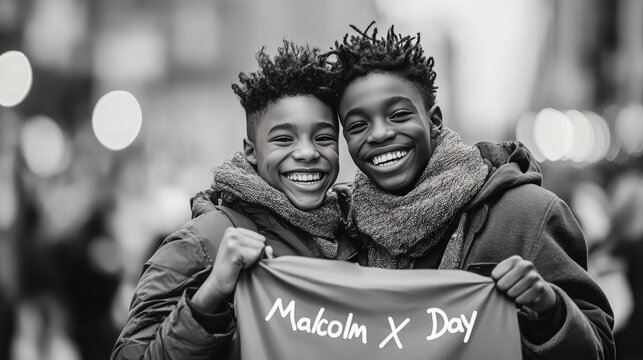 Two Black brothers smile, holding a sign for Malcolm X Day.  A grayscale image.