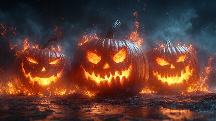 Haunted Halloween pumpkins with flames inside images