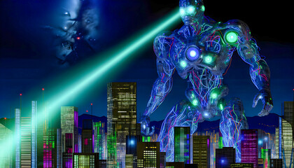 a towering cyborg creature stands in the dark, its body illuminated by neon glowing lights and powerful lasers, creating a futuristic and intense atmosphere under the night sky