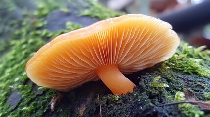 Fototapeta premium Orange mushroom growing on mossy log in forest