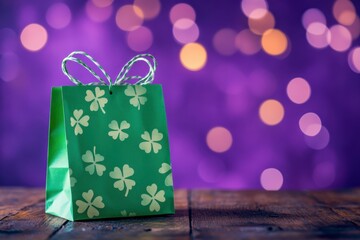 Happy St. Patrickâ€™s Day Background, Green gift bag with shamrock prints, placed on a rustic wooden table, set against a rich purple bokeh backdrop, cinematic, lucky Irish charm, holiday