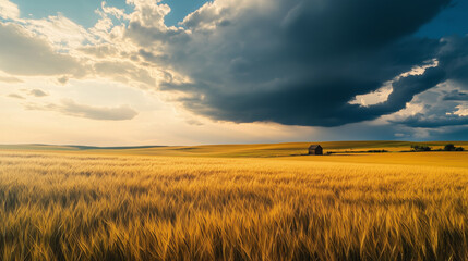 Obraz premium A vast golden wheat field under an approaching storm, with dark thunderclouds rolling across the sky