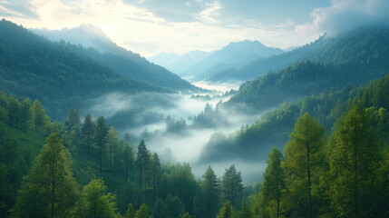 Obraz premium Soft morning fog rolling over a tranquil valley under pale sunlight
